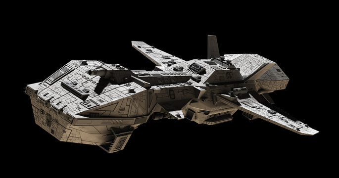 Science fiction illustration of an interplanetary gunship, isolated on black, side angled view, 3d digitally rendered illustration