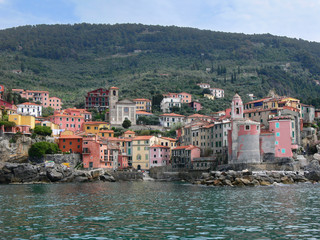 Fototapeta na wymiar Tellaro small old village of the Gulf of Poets seen from the sea ,La Spezia, Liguria, Italy 