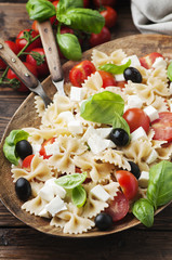 Salad with cold pasta, basil and mozzarella