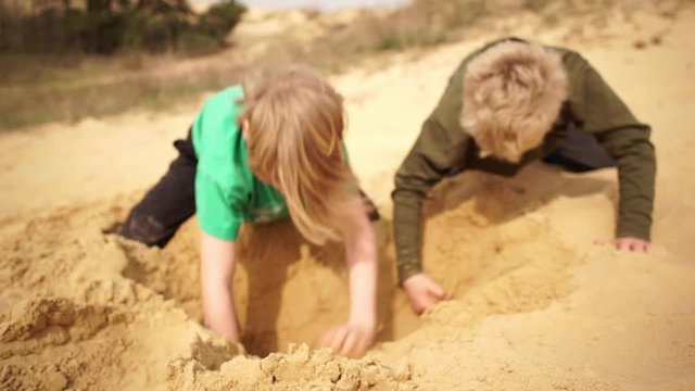 Brothers burrowing hole in sand in Oleshky sands.Ukraine. Slow motion