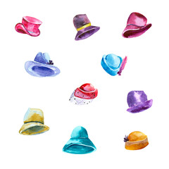 Watercolor painting. Set of women's hats on white background. - 109274977