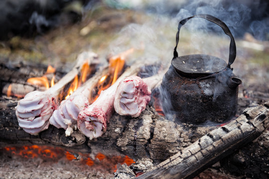 Kettle and animal bones on campfire