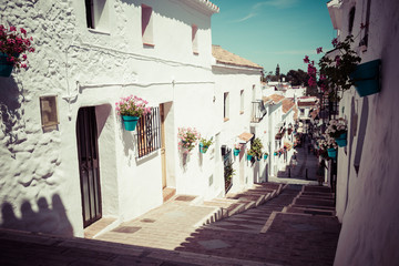 Picturesque street of Mijas with flower pots in facades. Andalus