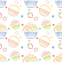 Cupcakes food pattern. Seamless vector background with muffins