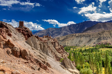 Fototapeta na wymiar Ruins and Basgo Monastery surrounded with stones and rocks , Ladakh