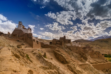 Fototapeta na wymiar Ruins and Basgo Monastery surrounded with stones and rocks , Ladakh