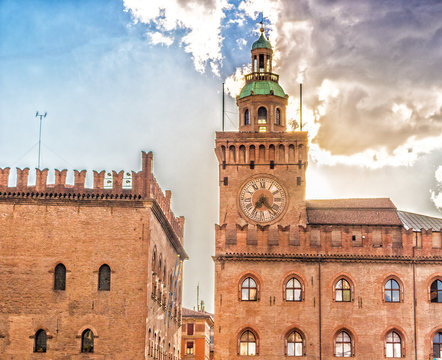 Clock tower of the town hall in Bologna in Italy