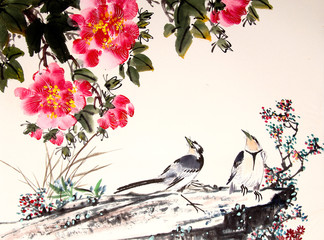 chinese ink painting bird and tree