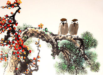 chinese ink painting bird and tree - 109279546
