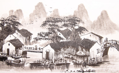 Chinese drawing water town - 109279576