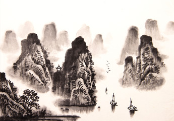 Fototapety  Chińskie malarstwo akwarelowe pejzażowe