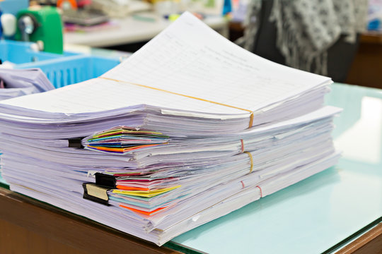 Close up of business documents stack, report papers stack