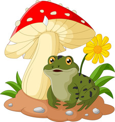 frog cartoon sit under mushroom
