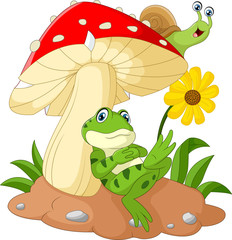 Obraz premium Cute frog and snail cartoon with mushrooms 