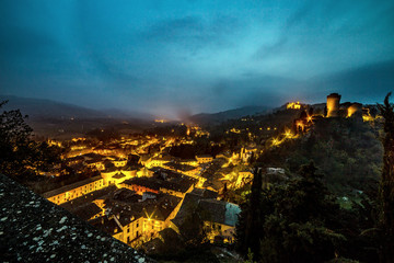 night view of castle on hilly countryside
