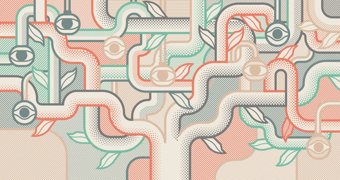 Mechanical tree with eyes. Pop art style background