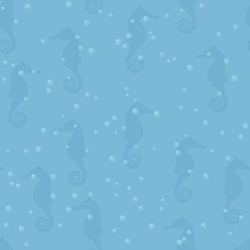 Seamless pattern with silhouettes of seahorses and air bubbles in shades of blue.