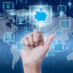 Hand pressing piggy bank icon, saving money concept