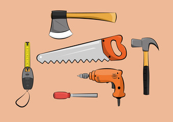 vector illustration of carpenter wood working construction tools set. eps 10