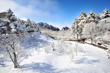 Beautiful landscape of Huangshan mountain at first snow over blue sky, Southern Anhui province, China