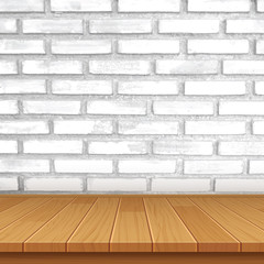 vector wood table top on brick wall background
