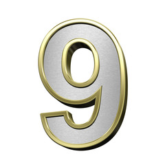 One digit from brushed silver with shiny gold frame alphabet set, isolated on white. 3D illustration.