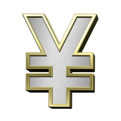 Obraz premium Yen sign from brushed silver with shiny gold frame alphabet set, isolated on white. 3D illustration.