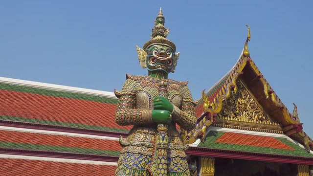 Giant demon statue in Wat Phra Kaew in Bangkok, Thailand, 4k
