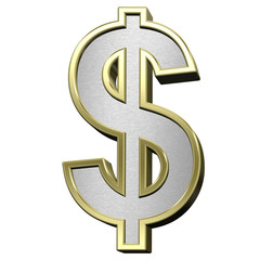 Dollar sign from brushed silver with shiny gold frame alphabet set, isolated on white. 3D illustration.