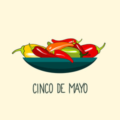 Bowl of chili peppers, isolated vector illustration