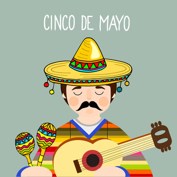 Mexican musician, mexican greeting card for for cinco de mayo holiday, hand drawn vector illustration