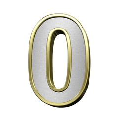 One digit from brushed silver with shiny gold frame alphabet set, isolated on white. 3D illustration.