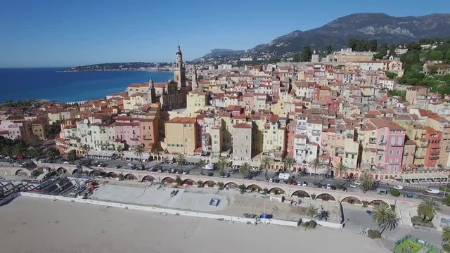 Menton, old city houses and sea in the morning, French riviera,HD movie (1920X1080)