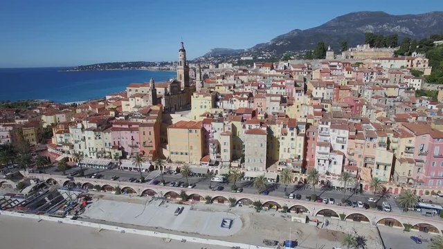 Menton, old city houses and sea in the morning, French riviera,HD movie (1920X1080)