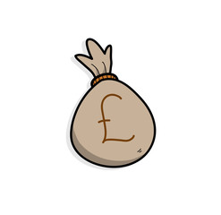 Money Bag, a hand drawn vector illustration of a money bag with Pound Sterling symbol, isolated on a simple backdrop shadow (separate group).