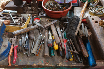 Old tools on vintage table