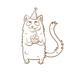 Birthday  card with cute cartoon cat and  cake.  Children's illustration. Vector image. Transparent background. Contour image.