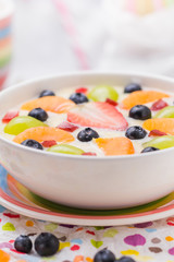 Delicious milky vanilla pudding colorful fruit