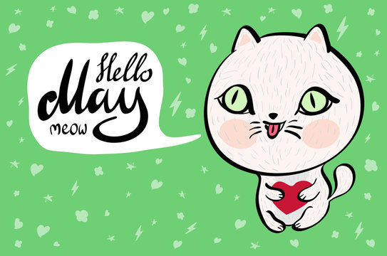 Cartoon cat with Hello May meow banner. background. Vector illustration.