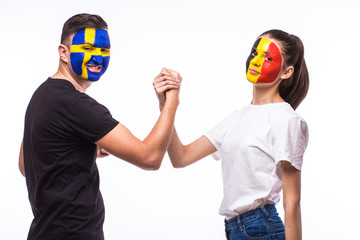 Belgium vs Sweden handshake of before game on white background. European  football fans concept.