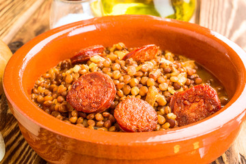 earthenware dish with homemade lentil stew