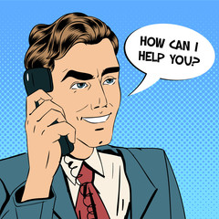 Businessman Speaking on the Phone. Online Support. Pop Art