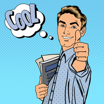 Fototapeta Happy Student. Man Gesturing Great. Student with Books. Expression Cool