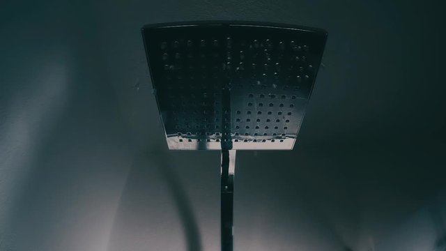 d&eacute;tail main d'homme ouvrant le robinet de la douche avec vue de l'eau qui coule de la t&ecirc;te
de douche