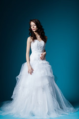 Fototapeta na wymiar beautiful bride in wedding dress on blue