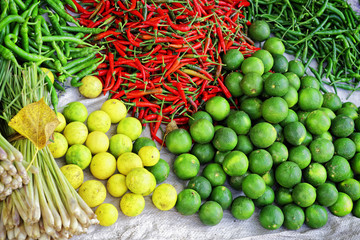 Asian market selling fresh fruit and vegetables in Vietnam