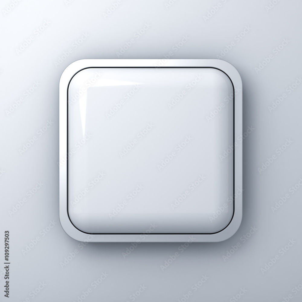 Aufkleber Blank square button or billboard with chrome metal frame over white wall background with shadow. 3D rendering.