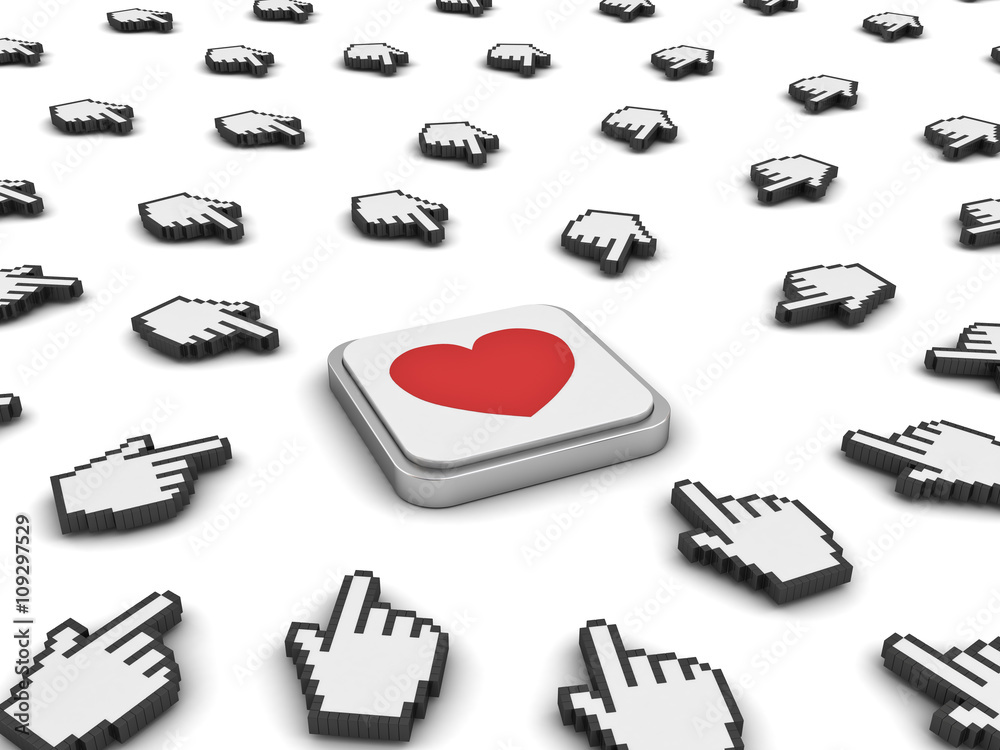 Poster Many hand cursors mouse clicking red heart button or link isolated on white background