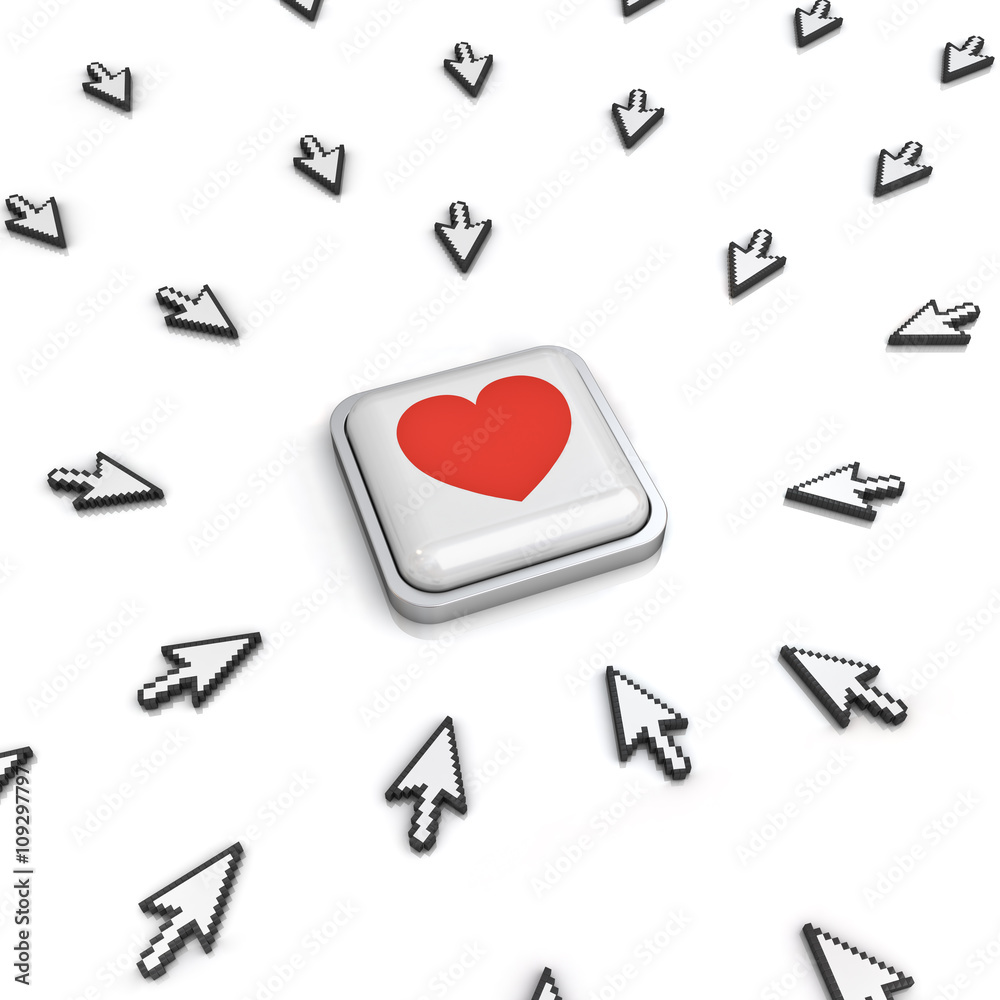 Aufkleber Many arrow cursors mouse clicking red heart button or link isolated on white background with reflection