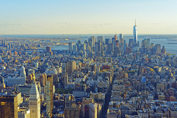 Aerial view to Downtown Manhattan and Lower Manhattan